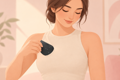 Illustration pastel : une femme tient dans sa main le petit insert Petal (ECG et bioimpédance) et le glisse discrètement dans son soutien-gorge