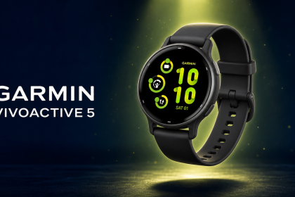 Garmin Vivoactive 5 noire en lévitation, écran AMOLED vert lime, mise en valeur produit
