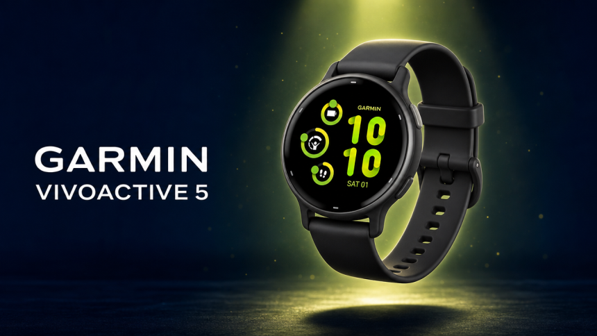 Garmin Vivoactive 5 noire en lévitation, écran AMOLED vert lime, mise en valeur produit