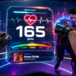 Fonctionnalité FunFitLand : suivi cardiaque en direct (165 BPM) dans l'affichage tête haute pendant un workout de boxe VR sur Meta Quest