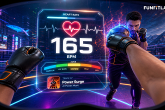 Fonctionnalité FunFitLand : suivi cardiaque en direct (165 BPM) dans l'affichage tête haute pendant un workout de boxe VR sur Meta Quest