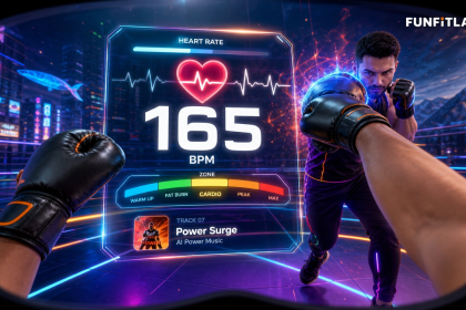 Fonctionnalité FunFitLand : suivi cardiaque en direct (165 BPM) dans l'affichage tête haute pendant un workout de boxe VR sur Meta Quest
