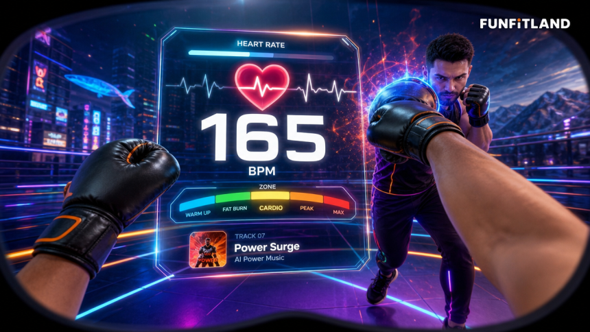 Fonctionnalité FunFitLand : suivi cardiaque en direct (165 BPM) dans l'affichage tête haute pendant un workout de boxe VR sur Meta Quest