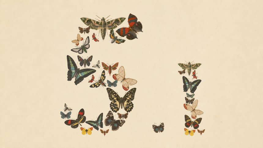 Claude Fable 5.1, key art concept reprenant l'officiel Fable 5 en collage de papillons