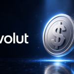 Revolut et son stablecoin dollar, piece argentee au symbole dollar devant une banque americaine