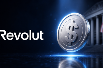 Revolut et son stablecoin dollar, piece argentee au symbole dollar devant une banque americaine