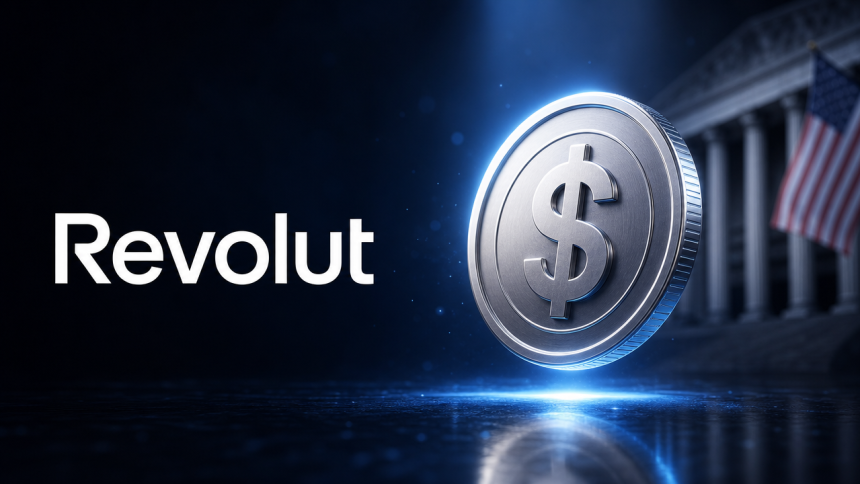 Revolut et son stablecoin dollar, piece argentee au symbole dollar devant une banque americaine
