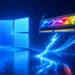 Concept Windows 11 : logo officiel à quatre panneaux et barrette de RAM RGB éclairée par un éclair blanc, illustrant un démarrage plus rapide et une optimisation pour 8 Go de RAM