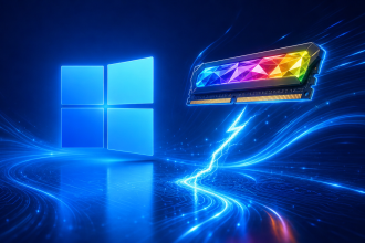 Concept Windows 11 : logo officiel à quatre panneaux et barrette de RAM RGB éclairée par un éclair blanc, illustrant un démarrage plus rapide et une optimisation pour 8 Go de RAM