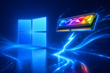 Concept Windows 11 : logo officiel à quatre panneaux et barrette de RAM RGB éclairée par un éclair blanc, illustrant un démarrage plus rapide et une optimisation pour 8 Go de RAM