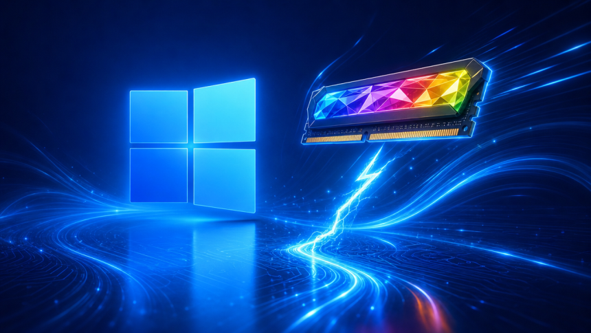 Concept Windows 11 : logo officiel à quatre panneaux et barrette de RAM RGB éclairée par un éclair blanc, illustrant un démarrage plus rapide et une optimisation pour 8 Go de RAM