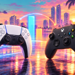 GTA 6, concept éditorial : manettes PS5 DualSense et Xbox face à face devant la skyline de Vice City au coucher du soleil, duel des précommandes