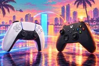 GTA 6, concept éditorial : manettes PS5 DualSense et Xbox face à face devant la skyline de Vice City au coucher du soleil, duel des précommandes
