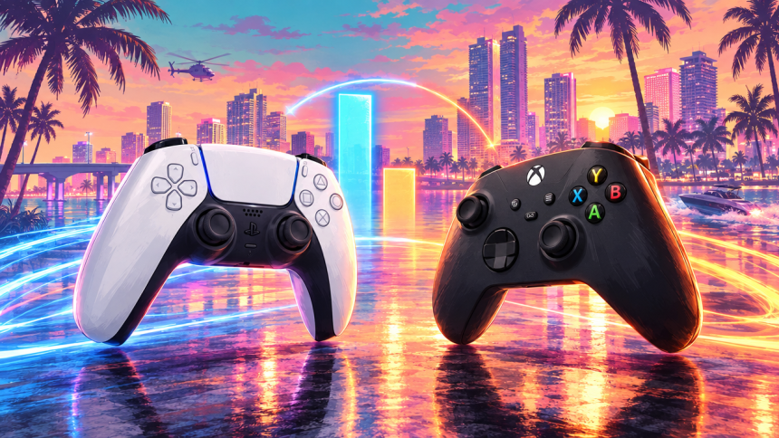 GTA 6, concept éditorial : manettes PS5 DualSense et Xbox face à face devant la skyline de Vice City au coucher du soleil, duel des précommandes