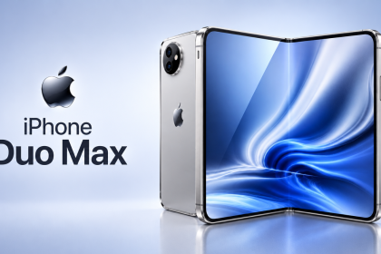iPhone Duo Max, concept du smartphone pliable à grand écran d'Apple, logo Apple et nom du modèle