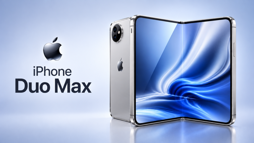 iPhone Duo Max, concept du smartphone pliable à grand écran d'Apple, logo Apple et nom du modèle