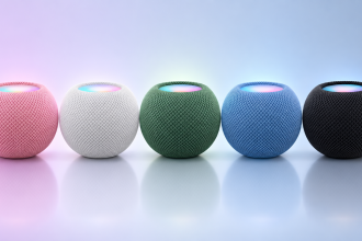 HomePod mini 2, cinq HomePod mini dans les nouveaux coloris fuite (rose, blanc, vert, bleu, noir)