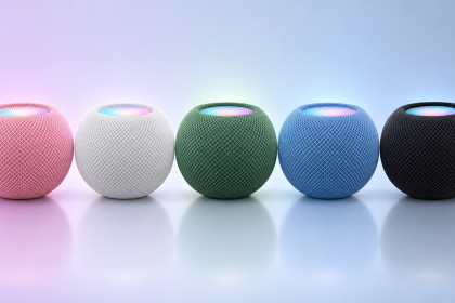 HomePod mini 2, cinq HomePod mini dans les nouveaux coloris fuite (rose, blanc, vert, bleu, noir)