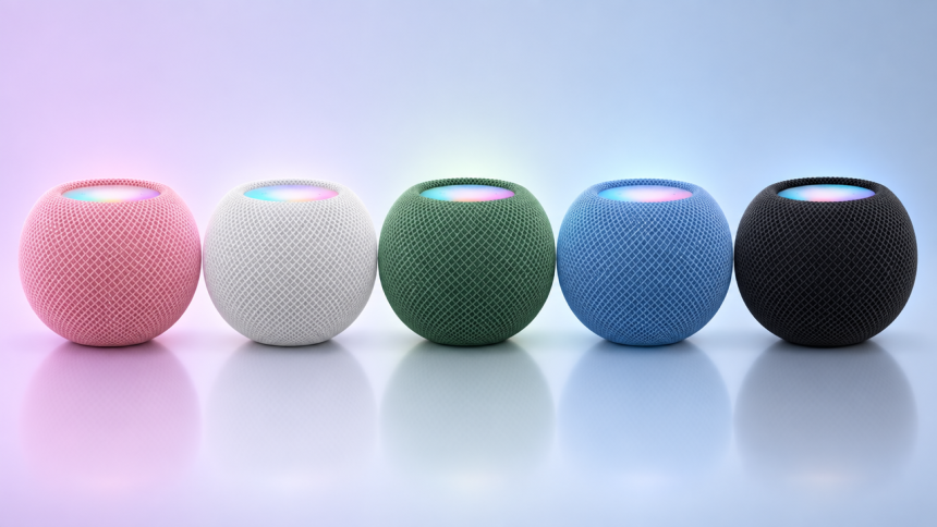 HomePod mini 2, cinq HomePod mini dans les nouveaux coloris fuite (rose, blanc, vert, bleu, noir)