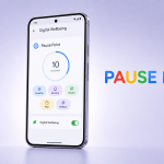 Google Pixel 11 affichant la fonction Pause Point des réglages Digital Wellbeing avec compte à rebours de 10 secondes et micro-rituels Breathe, Remind, Divert, Plan et Reflect, concept