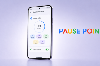 Google Pixel 11 affichant la fonction Pause Point des réglages Digital Wellbeing avec compte à rebours de 10 secondes et micro-rituels Breathe, Remind, Divert, Plan et Reflect, concept