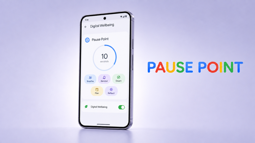 Google Pixel 11 affichant la fonction Pause Point des réglages Digital Wellbeing avec compte à rebours de 10 secondes et micro-rituels Breathe, Remind, Divert, Plan et Reflect, concept