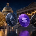 Quatre pièces crypto (Bitcoin, Ether, Solana, XRP) devant le bâtiment du gouvernement américain au crépuscule, concept illustrant la validation par la SEC de ces actifs comme digital commodities