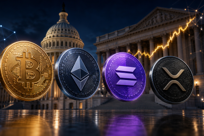 Quatre pièces crypto (Bitcoin, Ether, Solana, XRP) devant le bâtiment du gouvernement américain au crépuscule, concept illustrant la validation par la SEC de ces actifs comme digital commodities