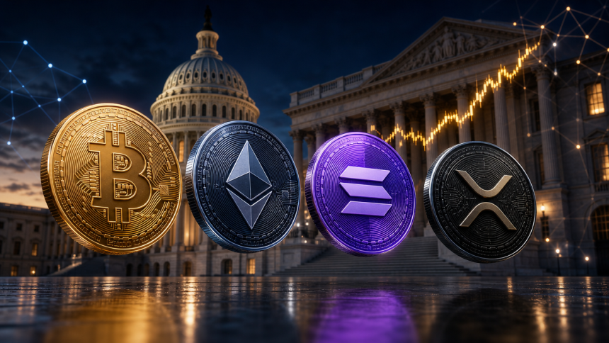 Quatre pièces crypto (Bitcoin, Ether, Solana, XRP) devant le bâtiment du gouvernement américain au crépuscule, concept illustrant la validation par la SEC de ces actifs comme digital commodities