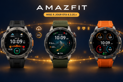 Amazfit, mise à jour OTA 6.3.25.x de septembre : three smartwatches sport (Balance 3, Balance Ultra, Cheetah 2 Ultra) sur fond bleu nuit avec halo ambré et wordmark AMAZFIT