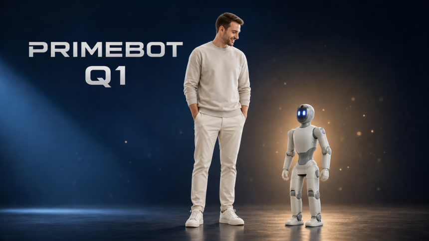 PrimeBOT Q1, mini humanoïde de compagnie de la taille d'un enfant (88 cm), comparé à un adulte, primé aux IFA Innovation Awards 2026