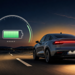 Voiture électrique sur autoroute au crépuscule avec HUD affichant l'autonomie et la norme WLTP