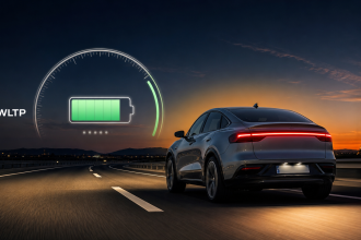 Voiture électrique sur autoroute au crépuscule avec HUD affichant l'autonomie et la norme WLTP