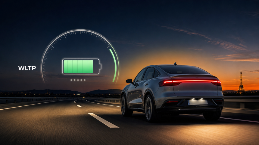 Voiture électrique sur autoroute au crépuscule avec HUD affichant l'autonomie et la norme WLTP