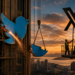 Concept : des ouvriers démontent au chalumeau le logo oiseau bleu de Twitter sur un gratte-ciel de San Francisco, un ouvrier hisse le logo X pour le remplacer