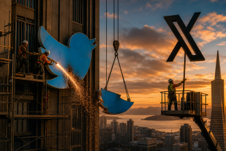 Concept : des ouvriers démontent au chalumeau le logo oiseau bleu de Twitter sur un gratte-ciel de San Francisco, un ouvrier hisse le logo X pour le remplacer