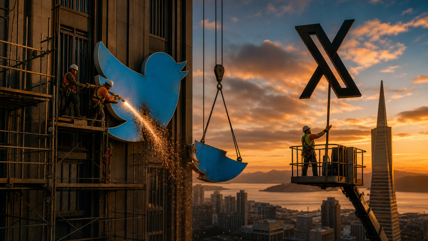 Concept : des ouvriers démontent au chalumeau le logo oiseau bleu de Twitter sur un gratte-ciel de San Francisco, un ouvrier hisse le logo X pour le remplacer
