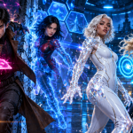 Concept key art d'un lineup de jeunes mutants X-Men (Gambit aux cartes roses, Kitty Pryde en phase, Emma Frost à la peau de diamant, Dazzler aux néons) pour la rumeur de casting du reboot X-Men