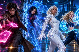 Concept key art d'un lineup de jeunes mutants X-Men (Gambit aux cartes roses, Kitty Pryde en phase, Emma Frost à la peau de diamant, Dazzler aux néons) pour la rumeur de casting du reboot X-Men