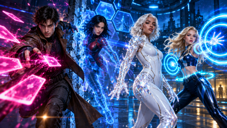 Concept key art d'un lineup de jeunes mutants X-Men (Gambit aux cartes roses, Kitty Pryde en phase, Emma Frost à la peau de diamant, Dazzler aux néons) pour la rumeur de casting du reboot X-Men