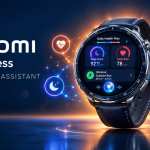 Xiaomi Watch affichant Mi Fitness avec l'AI Health Assistant (résumés santé, plan quotidien, coaching sommeil et workout), visuel concept