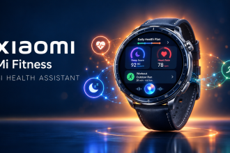 Xiaomi Watch affichant Mi Fitness avec l'AI Health Assistant (résumés santé, plan quotidien, coaching sommeil et workout), visuel concept