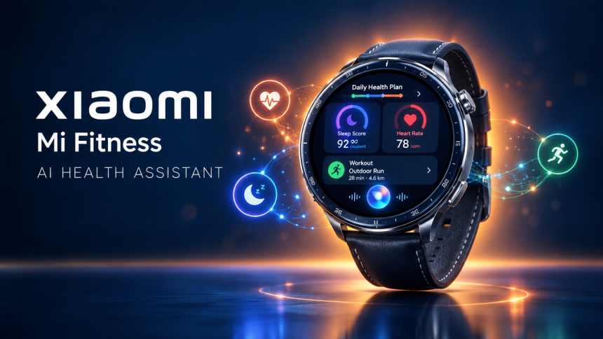 Xiaomi Watch affichant Mi Fitness avec l'AI Health Assistant (résumés santé, plan quotidien, coaching sommeil et workout), visuel concept