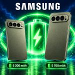 Samsung Galaxy S27 Pro et S27 Ultra, rendu concept avec les capacités de batterie 5 200 mAh et 5 700 mAh, fond bleu nuit avec batterie verte