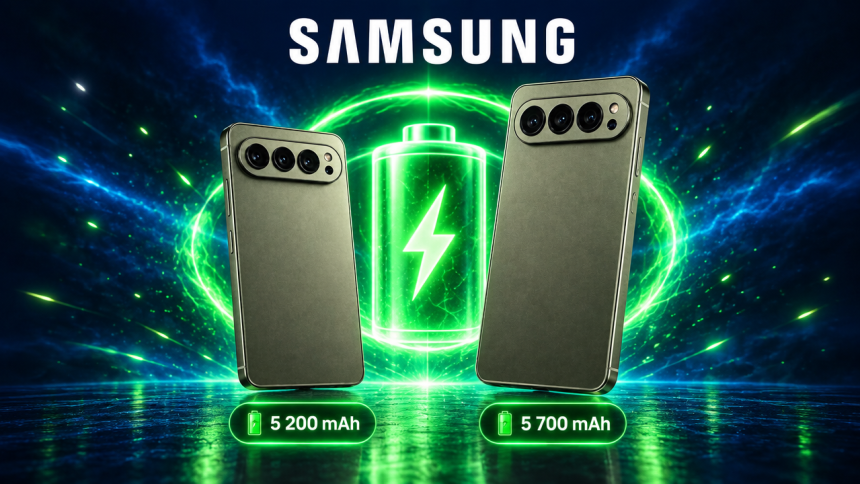 Samsung Galaxy S27 Pro et S27 Ultra, rendu concept avec les capacités de batterie 5 200 mAh et 5 700 mAh, fond bleu nuit avec batterie verte