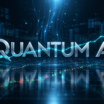 Concept Quantum AI : wordmark argenté traversé par une courbe boursière cyan, panneaux de données fintech, ambiance trading algorithmique sobre