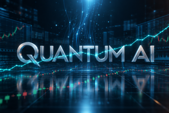 Concept Quantum AI : wordmark argenté traversé par une courbe boursière cyan, panneaux de données fintech, ambiance trading algorithmique sobre
