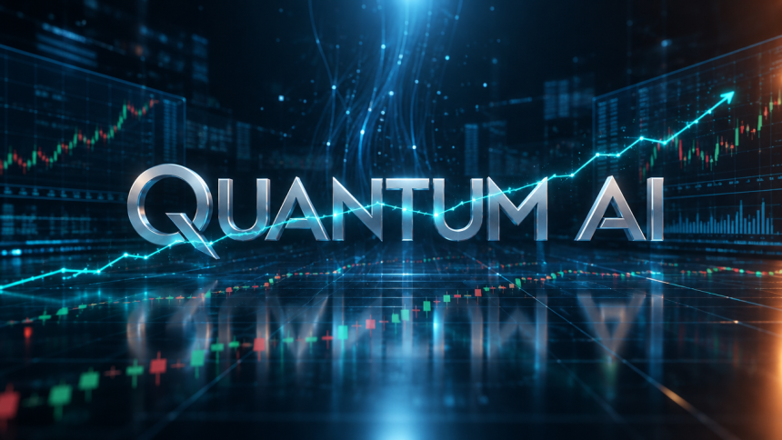 Concept Quantum AI : wordmark argenté traversé par une courbe boursière cyan, panneaux de données fintech, ambiance trading algorithmique sobre