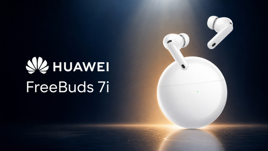 Huawei FreeBuds 7i blancs avec boîtier rond blanc, visuel promo sans badge, fond bleu nuit et halo ambré, logo HUAWEI
