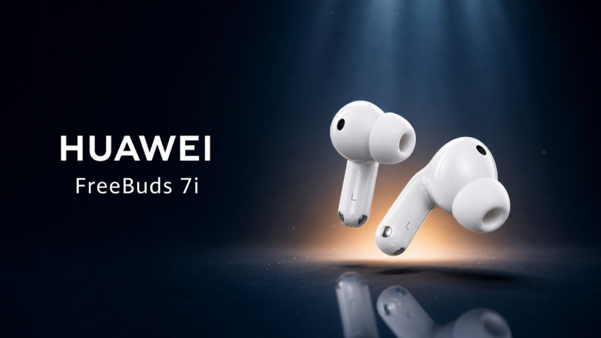 Huawei FreeBuds 7i blancs en lévitation, les deux écouteurs seuls sans boîtier, visuel promo sans badge, fond bleu nuit et halo ambré